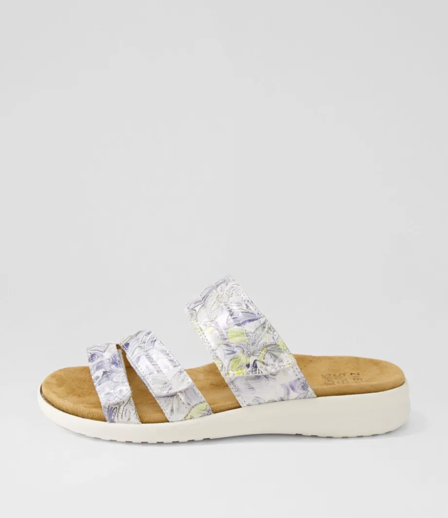 Barbra Xw Navy Silver Floral White Leather Slides<ZIERA Online