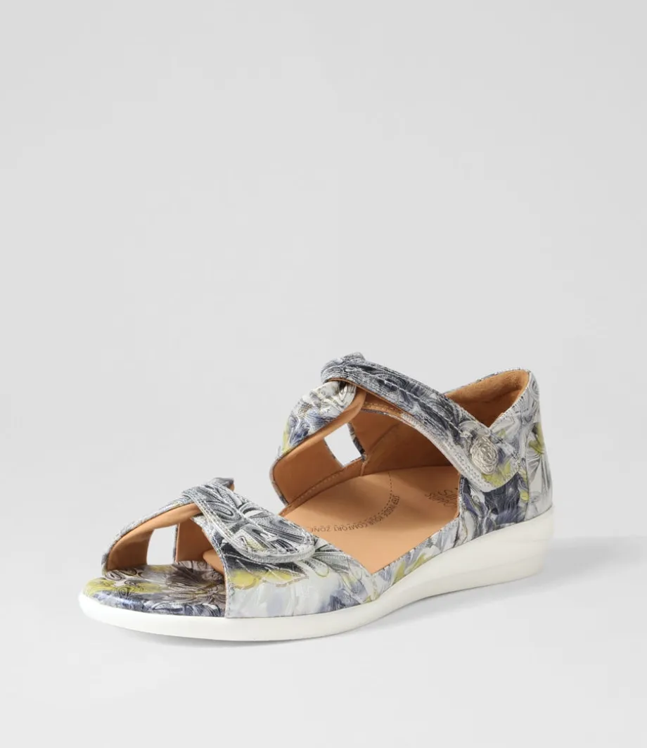 Doxie W Navy Silver Floral Leather Sandals<ZIERA Sale