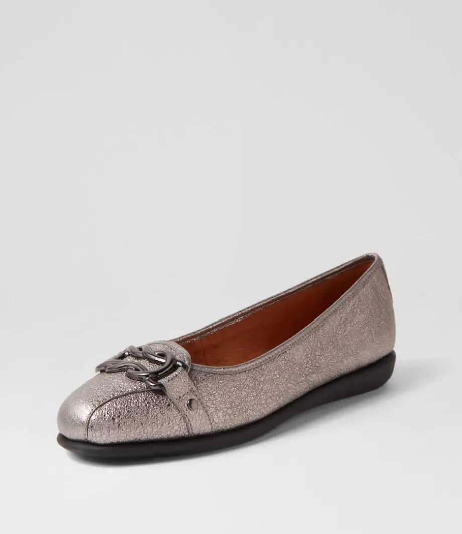 Elisse Gunmetal Foil Black Leather Ballet Flats<SUPERSOFT Cheap