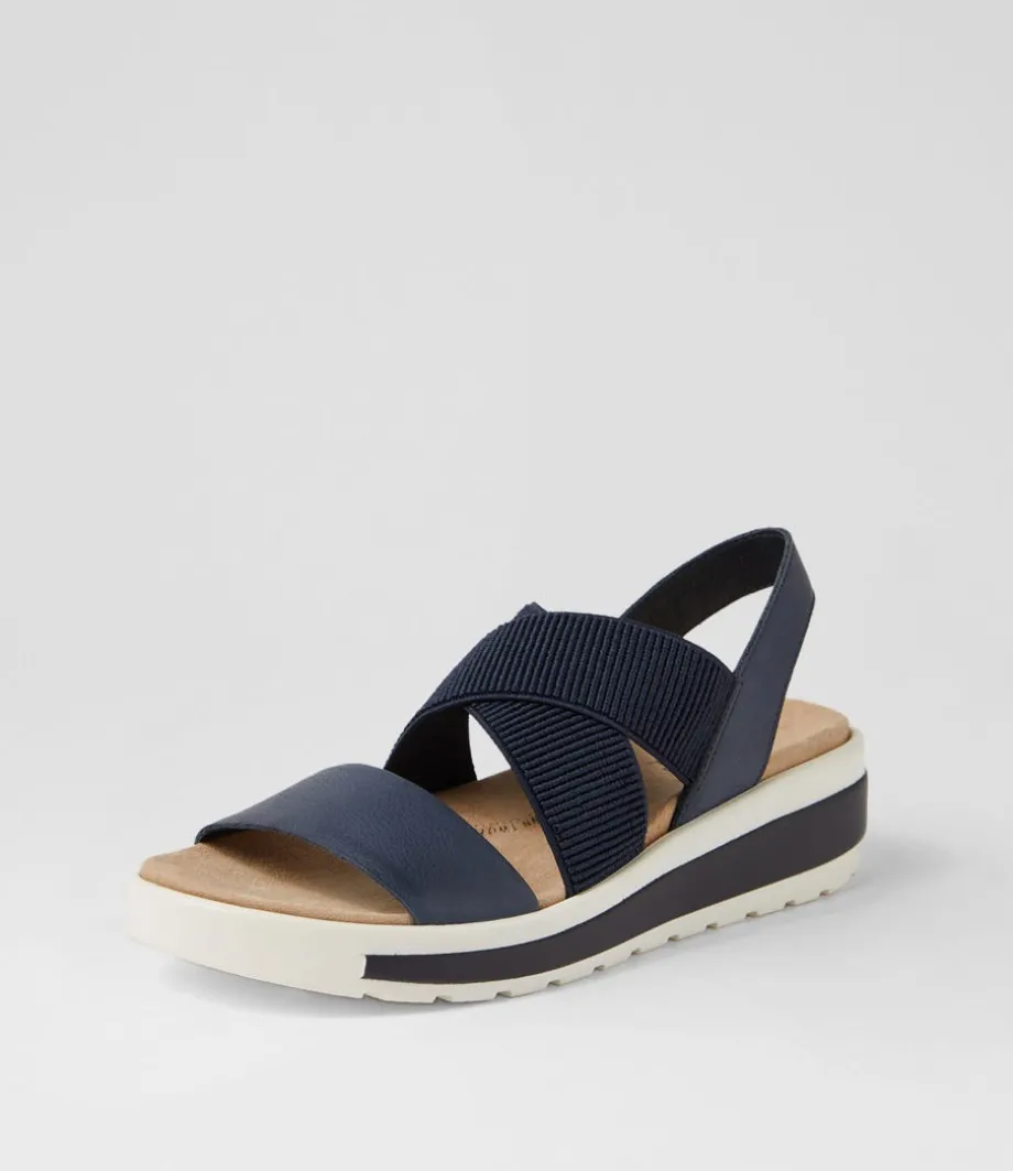 Grandys W Navy Leather Elastic Sandals<ZIERA Outlet