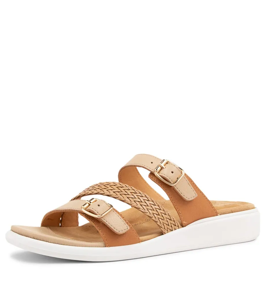 Ieanny W Camel Multi Leather Weave Slides<ZIERA Store