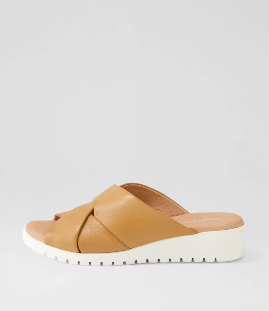 Mith Dark Tan White Leather Slides<DJANGO & JULIETTE Hot
