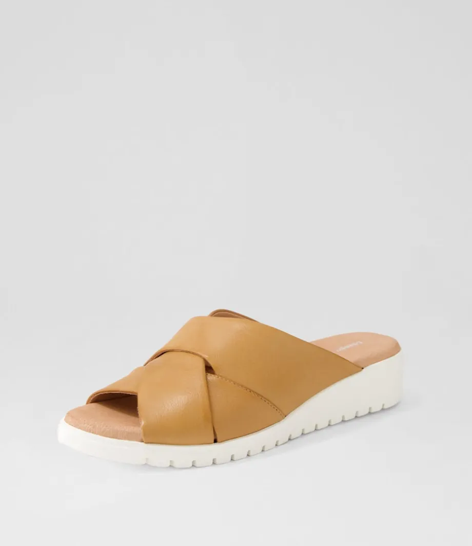Mith Dark Tan White Leather Slides<DJANGO & JULIETTE Hot