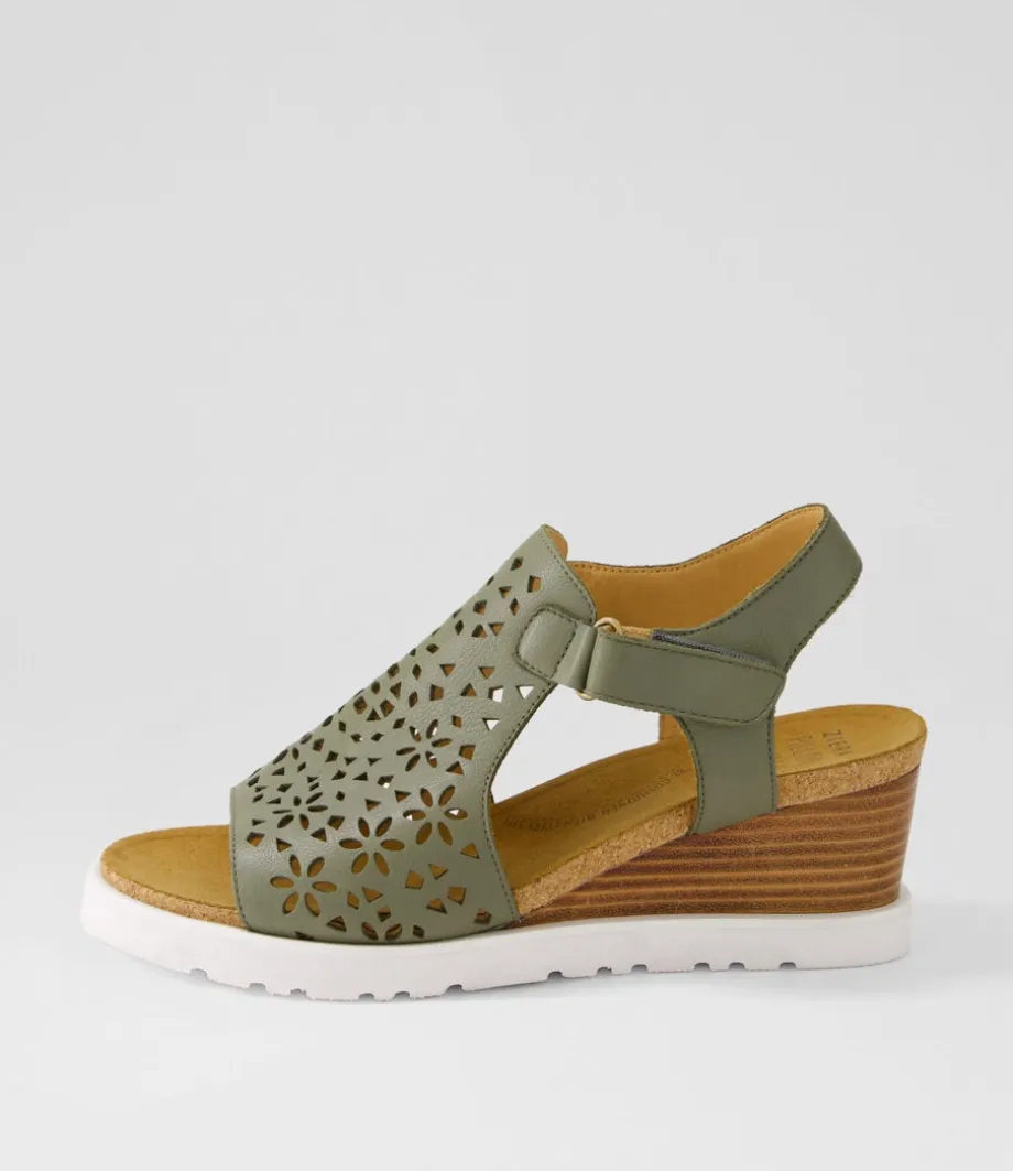 Perynn W Olive Leather Sandals<ZIERA Outlet