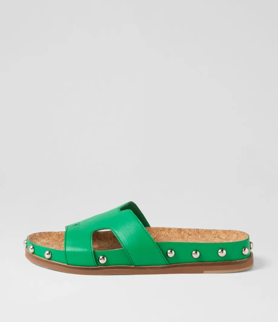 Quaden Bright Emerald Silver Leather Slides<DJANGO & JULIETTE Flash Sale