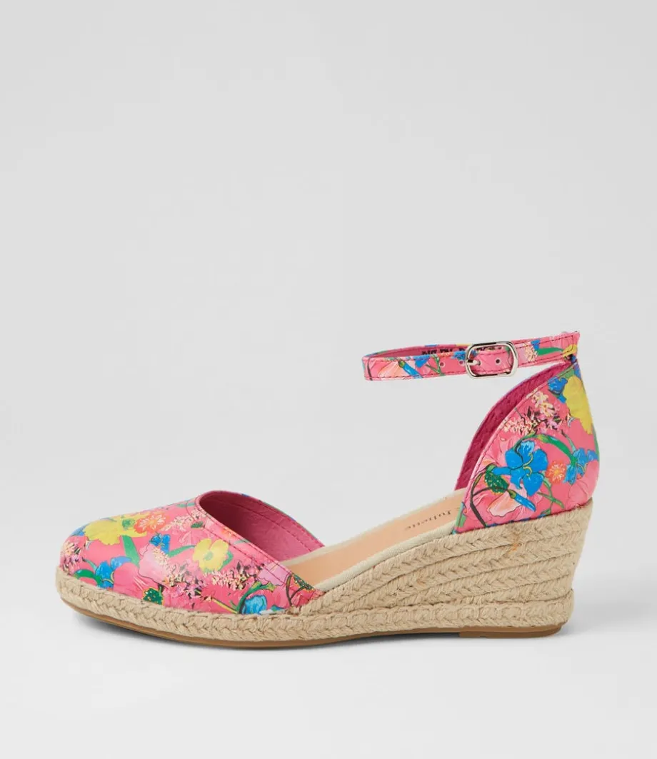 Rylen Hot Pink Flowermania Leather Wedges<DJANGO & JULIETTE Cheap