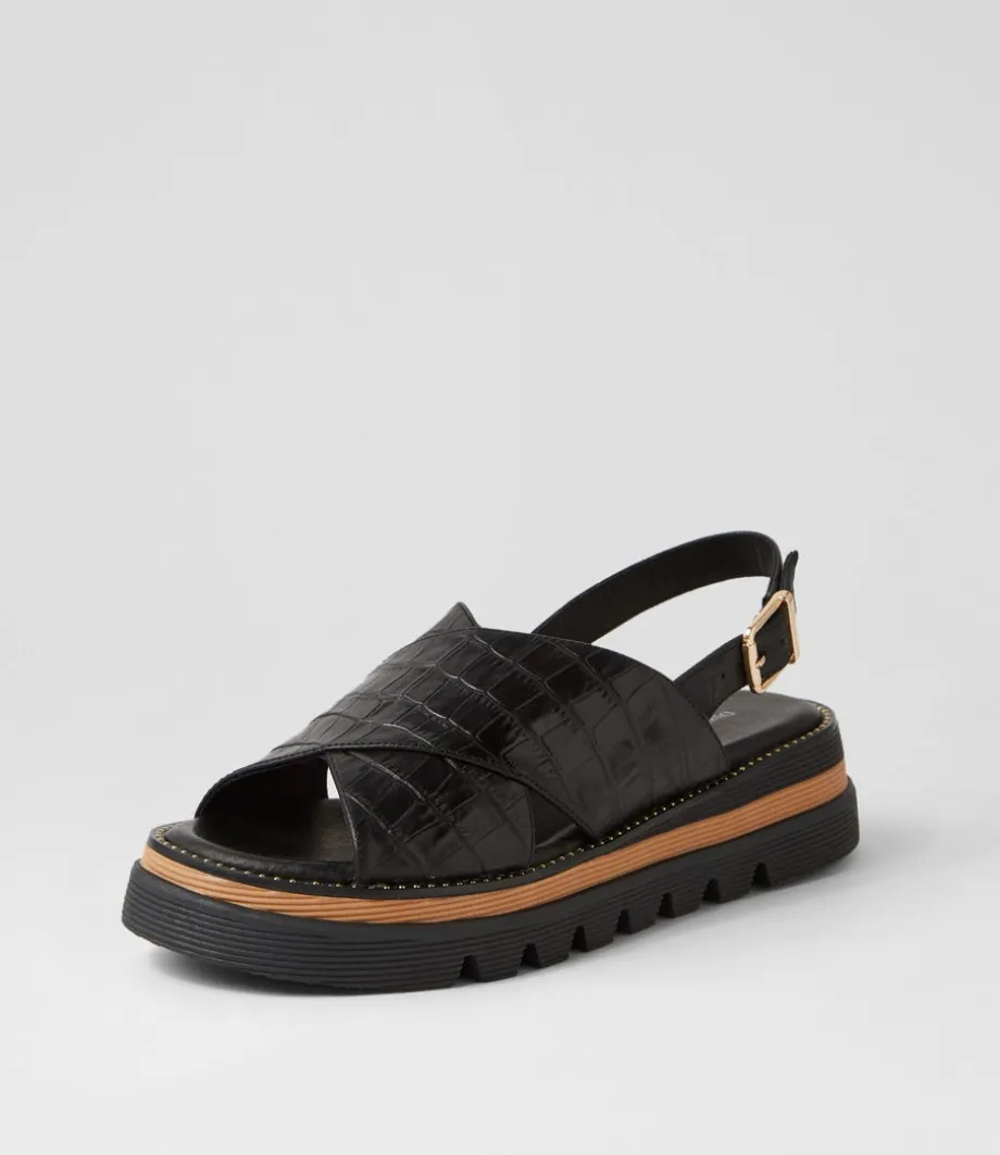 Sasi Black Croc Leather Sandals<DJANGO & JULIETTE New