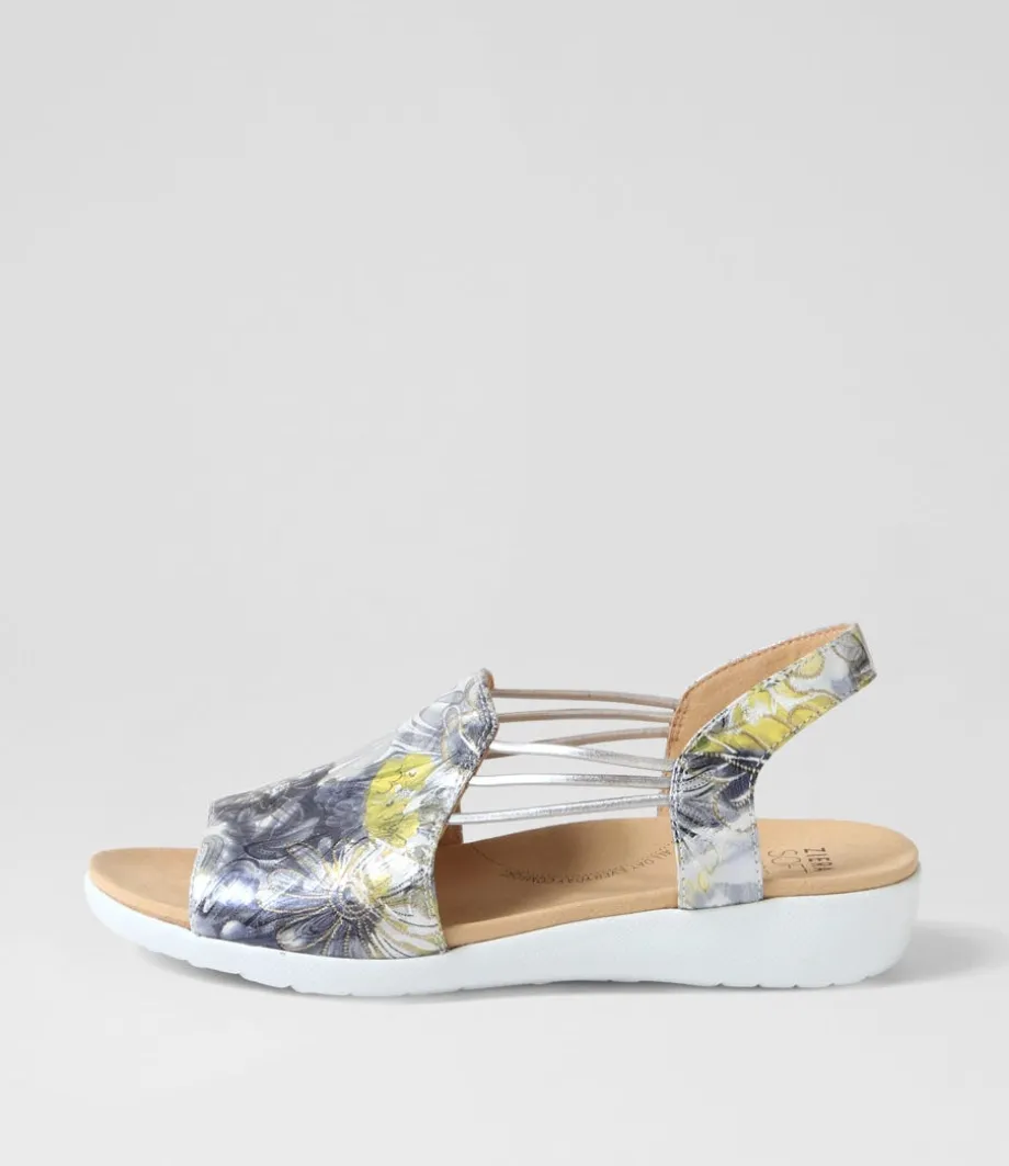 Udhays W Navy Silver Floral Leather Elastic Sandals<ZIERA Fashion