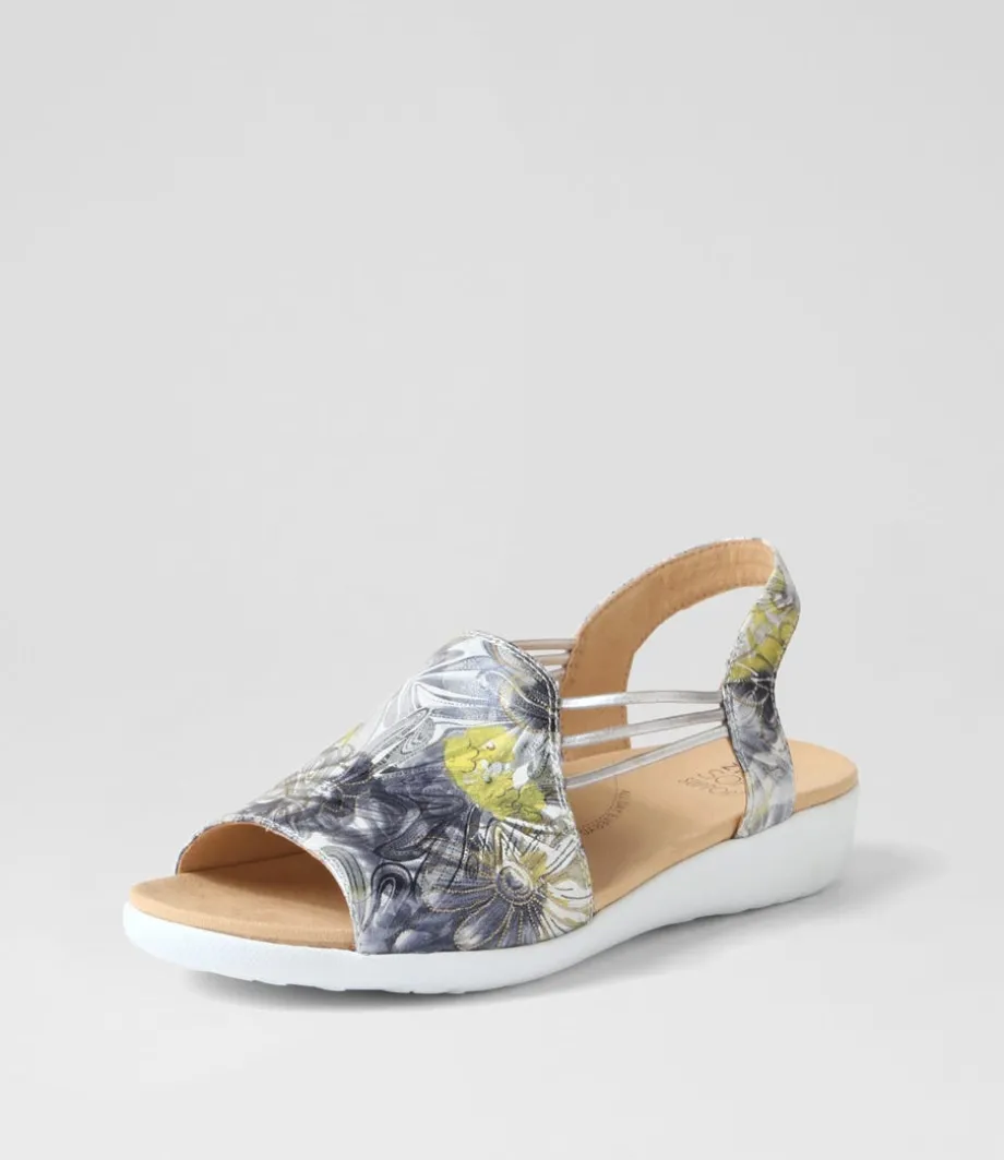 Udhays W Navy Silver Floral Leather Elastic Sandals<ZIERA Fashion