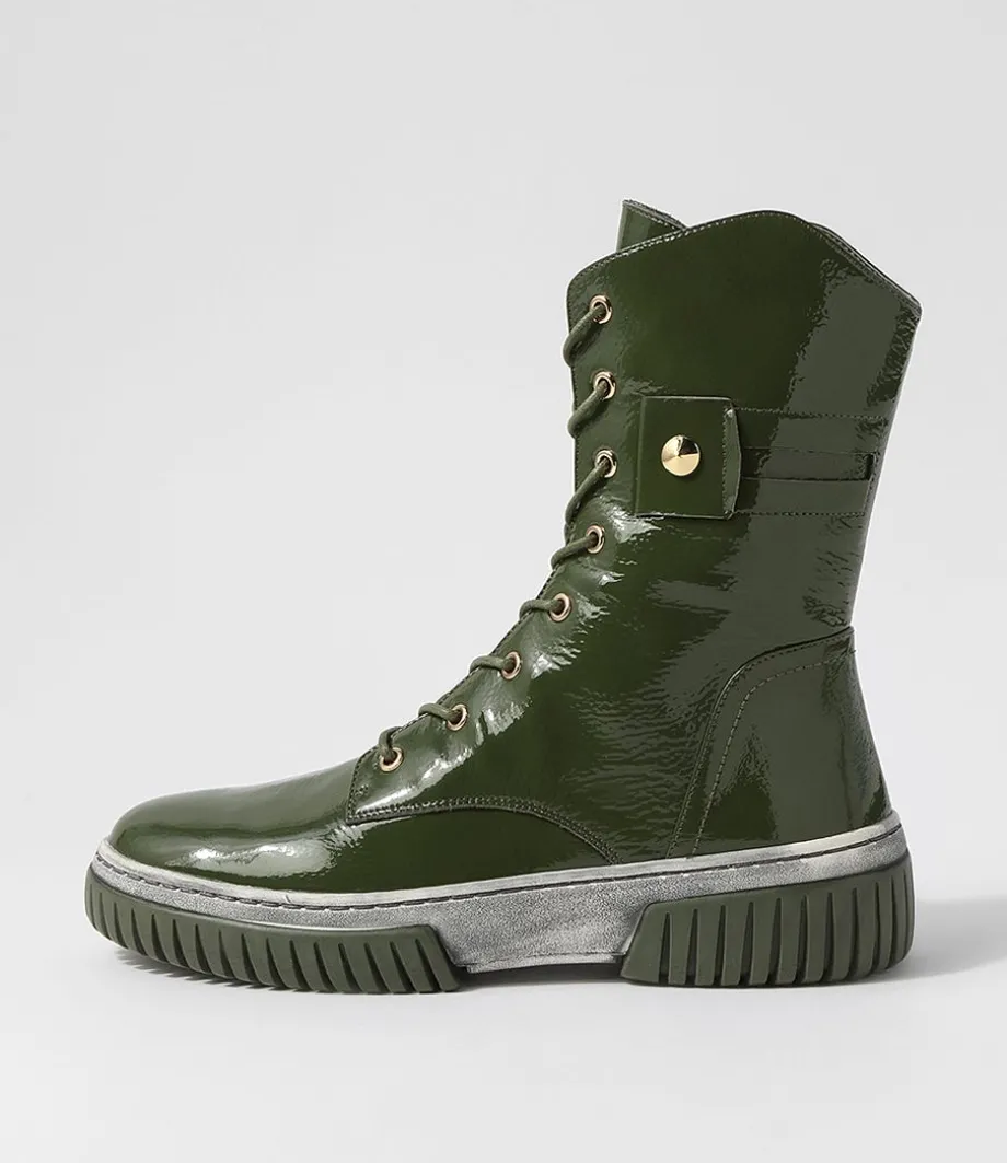 Yaintly Khaki White Patent Ankle Boots<DJANGO & JULIETTE Sale