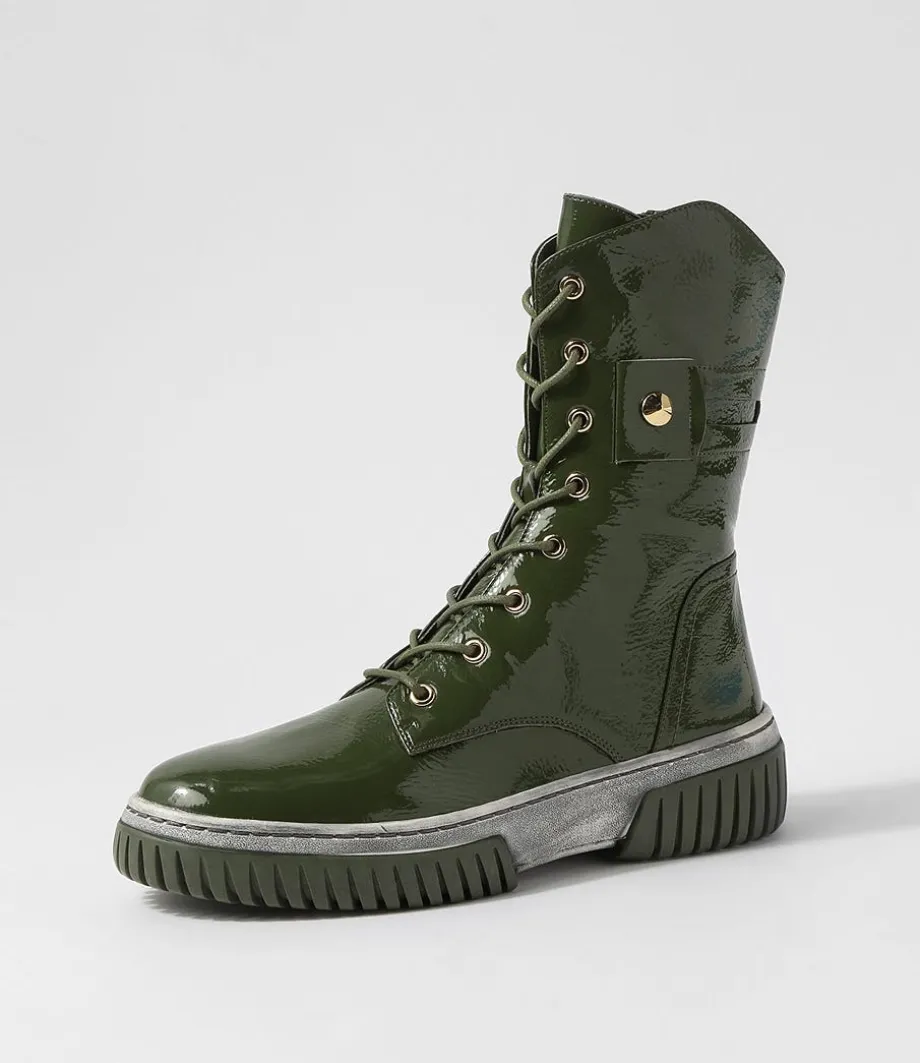 yaintly_khaki_white_patent_ankle_boots_1.webp Yaintly Khaki White Patent Ankle Boots<DJANGO & JULIETTE Sale